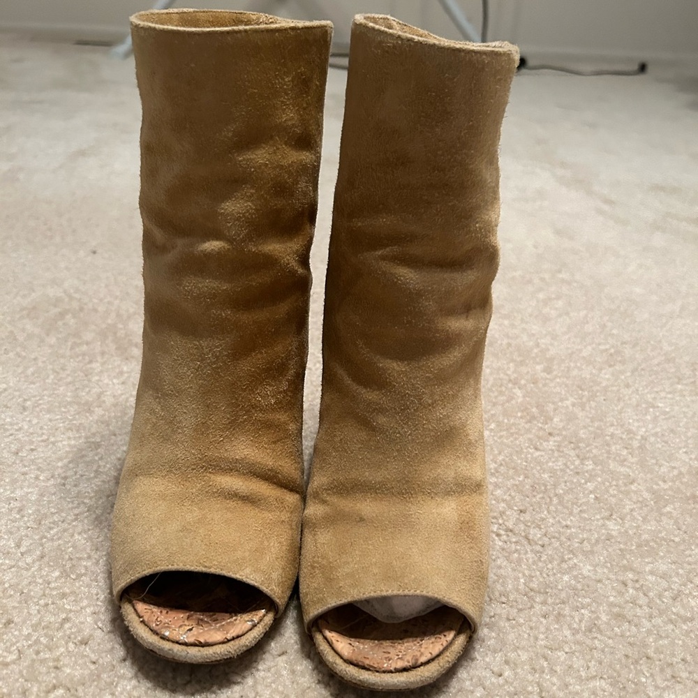 Chanel Camel Suede Peep Toe Ankle Boots.
Size 36.5C Made in Italy